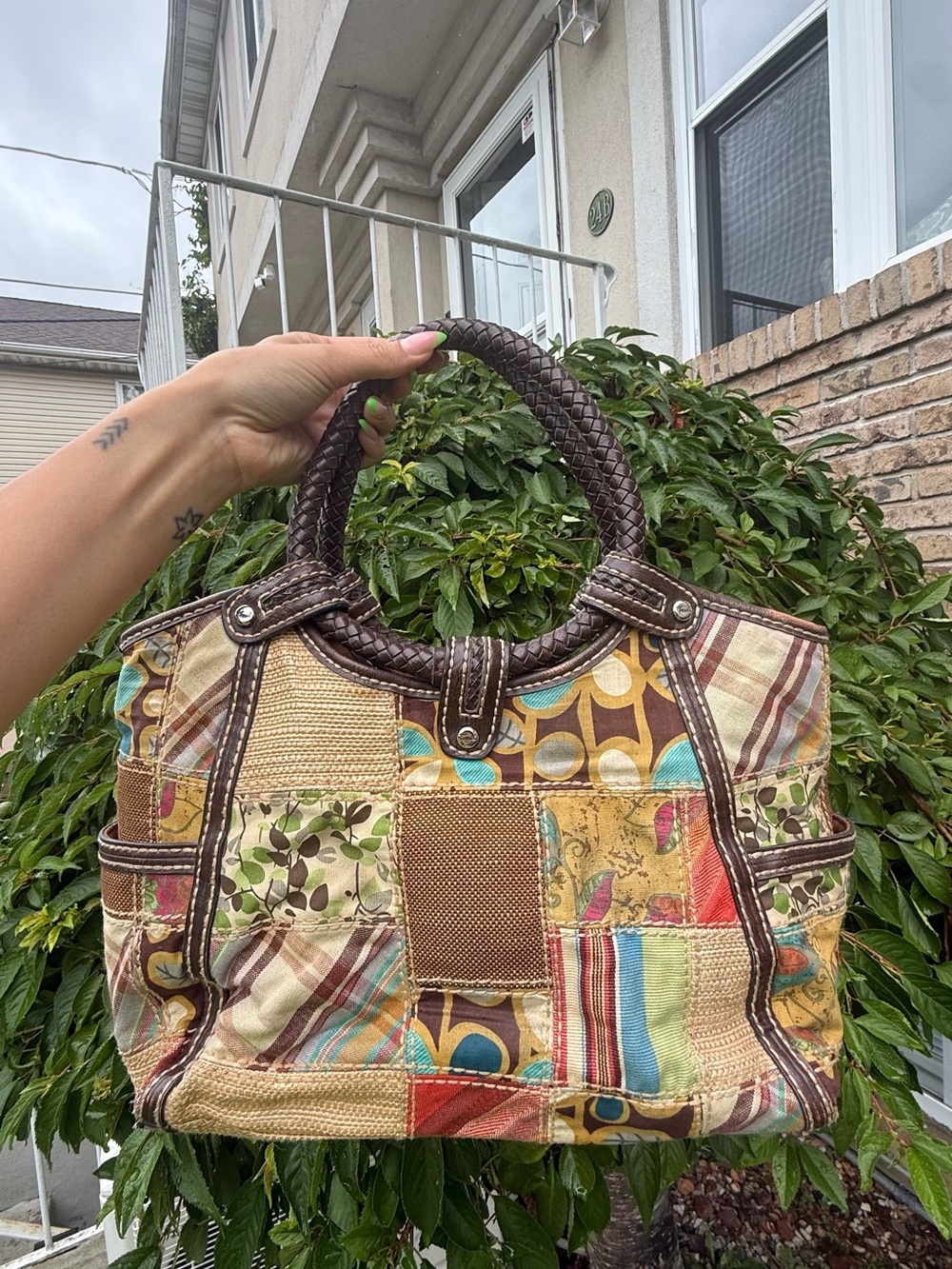 Vintage Fossil Patchwork Tote Bag Y2K Boho Leather Trim Shoulder Bag EUC - Picture 7 of 7